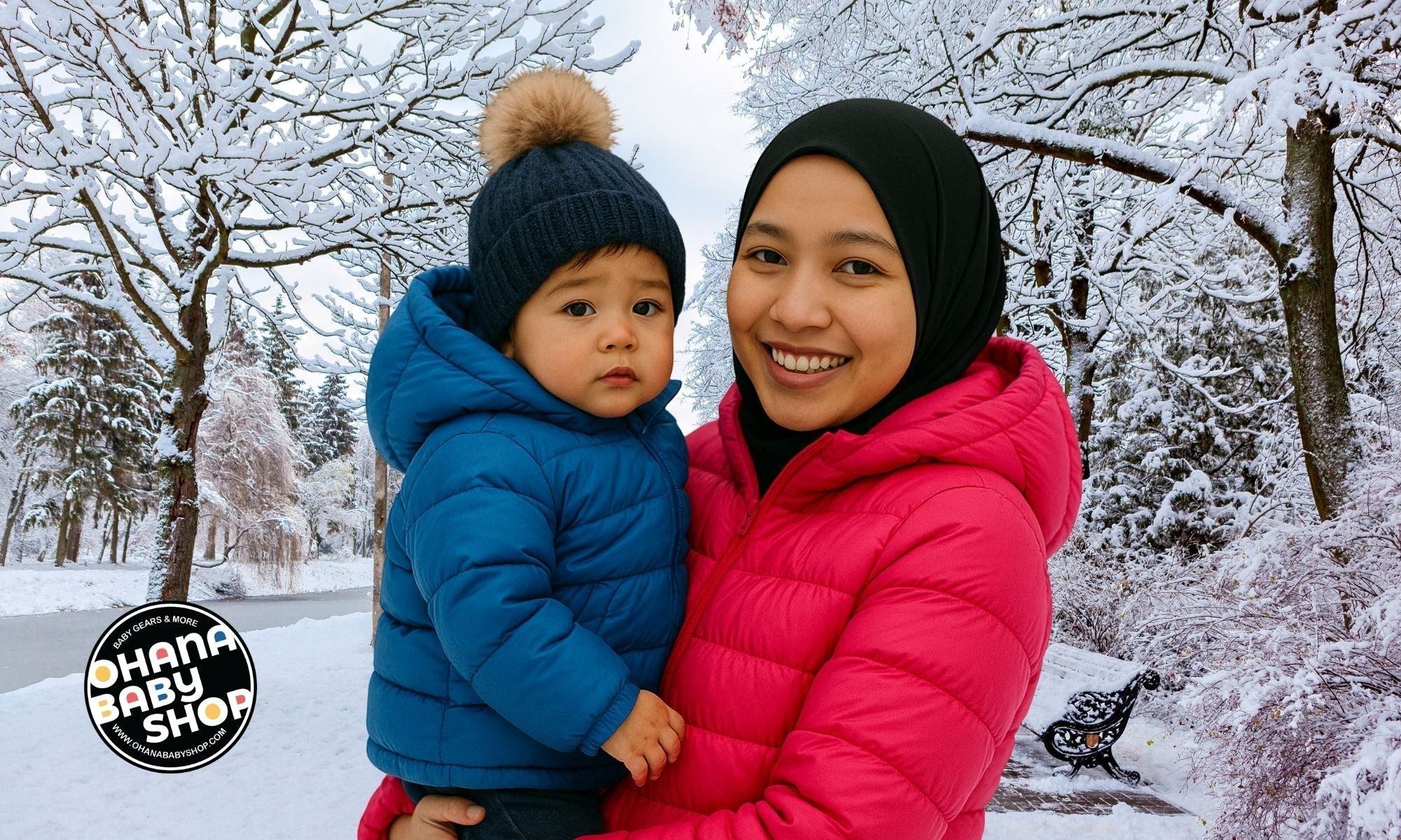 A smiling mother in a bright pink winter jacket holds her young child in a blue jacket and beanie, standing together in a snowy park